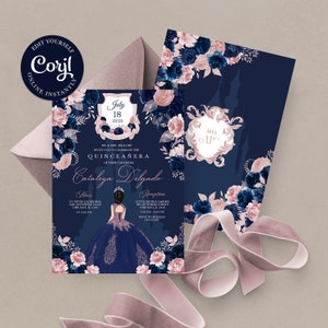 EDITABLE Invitation, Navy Blue & Blush Pink Floral Quinceanera Invitation, Birthday Invite, Mis Quince, Printable, Template, Corjl
