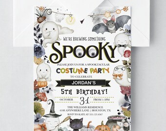 May include: A Halloween-themed invitation with the word "Spooky" in large, stylized letters. The invitation features illustrations of ghosts, bats, pumpkins, and other festive elements. Text includes "Costume Party" and details for a 5th birthday celebration.