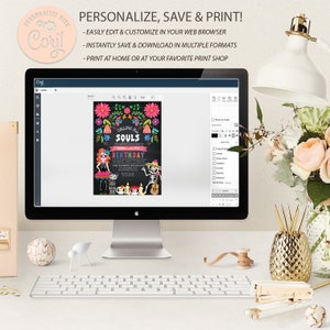 Puede incluir: Una pantalla de ordenador que muestra un dise&ntilde;o digital para una invitaci&oacute;n de cumplea&ntilde;os con tem&aacute;tica del D&iacute;a de Muertos. La invitaci&oacute;n presenta un fondo de pizarra negra con flores coloridas, un esqueleto tocando la guitarra y una ni&ntilde;a vestida de esqueleto. El texto de la invitaci&oacute;n dice "Calling All Souls" y "Isabella's 7th Birthday".