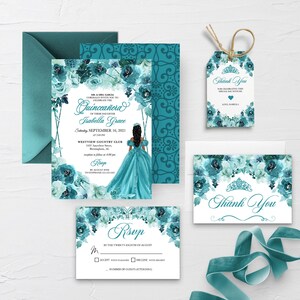 EDITABLE Invitation, Elegant Teal Turquoise Floral Quinceanera Invitation Bundle, Mis Quince Anos, Birthday, Printable, Template, Corjl