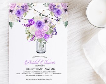 Purple Floral Bridal Shower Invitation: Editable Spring Design (Corjl)