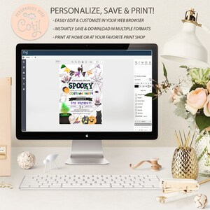 May include: A computer screen displaying a Halloween party invitation template with a black cat, a pumpkin, a cauldron, and a skull. The invitation reads "We're brewing something spooky costume party" and "Jordan's 5th Birthday!"