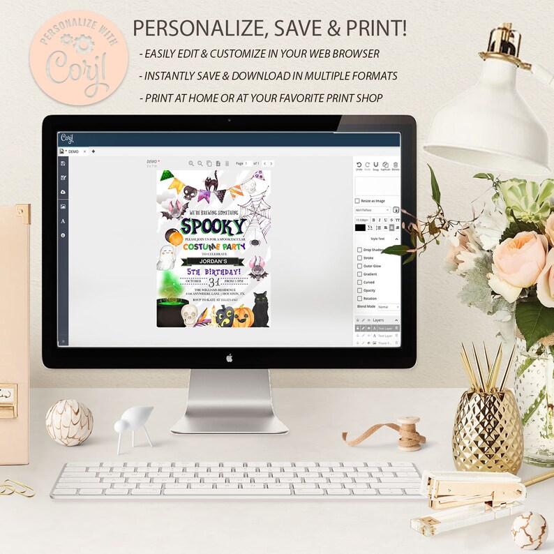 May include: A computer screen displaying a Halloween party invitation template with a black cat, a pumpkin, a cauldron, and a skull. The invitation reads "We're brewing something spooky costume party" and "Jordan's 5th Birthday!"