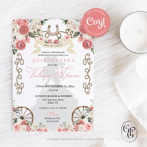 Pink Rustic Western Charro Woman Quinceanera Invitation, Fiesta, Birthday, Mis Quince, Printable, Template, Corjl