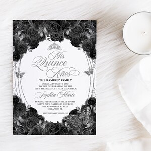 EDITABLE Invitation, Elegant Black and Silver Quinceanera Invitation, Birthday Invite, Mis Quince, Printable, Template, Corjl