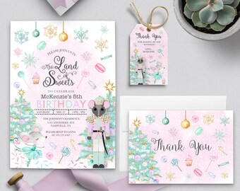 May include: A pink and white invitation with a nutcracker mouse and a ballerina mouse. The invitation says "Please join us in the Land of Sweets to celebrate McKenzie's 5th Birthday".