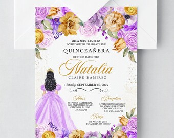 May include: Purple and gold quinceañera invitation with a floral design. The invitation includes the name Natalia Claire Ramirez, the date September 16, and the time and location of the mass and reception.