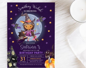 May include: Purple invitation with a cartoon witch flying on a broomstick in front of a full moon. The text reads "Something Wicked is Brewing, Join us for Sabrina's Spooktacular Birthday Party, Saturday, October 31, From 12:30-2:30 PM, Sabrina's House, 3346 Anywhere Street, Houston, TX 12345, Please RSVP to Kate at 555.123.4567".