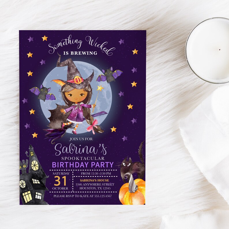 May include: Purple invitation with a cartoon witch flying on a broomstick in front of a full moon. The text reads "Something Wicked is Brewing, Join us for Sabrina's Spooktacular Birthday Party, Saturday, October 31, From 12:30-2:30 PM, Sabrina's House, 3346 Anywhere Street, Houston, TX 12345, Please RSVP to Kate at 555.123.4567".