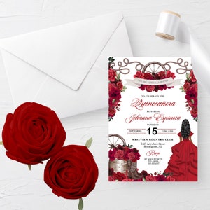 Red Roses Quinceanera Invitation: Western Cowboy Boots, Charra (Editable Template)