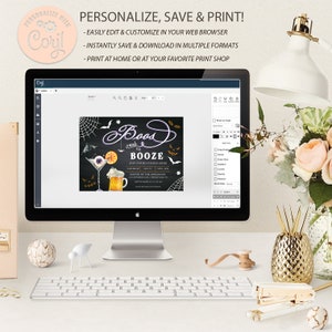 May include: A computer screen displaying a digital design for a Halloween party invitation. The invitation features a black background with a spiderweb, bats, and the text "Booze and Booze" in a purple and gold font. The invitation also includes a martini glass with eyeballs and a beer mug.