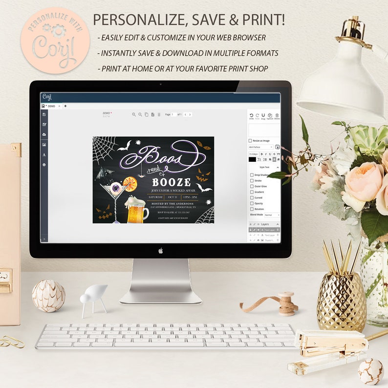 May include: A computer screen displaying a digital design for a Halloween party invitation. The invitation features a black background with a spiderweb, bats, and the text "Booze and Booze" in a purple and gold font. The invitation also includes a martini glass with eyeballs and a beer mug.