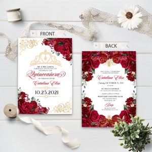 May include: A Quincea&ntilde;era invitation with a red and gold floral design. The invitation features a crown, the text "Quincea&ntilde;era", and the date "10.25.2021". The back of the invitation includes the name "Catalina Elise" and details for the celebration.