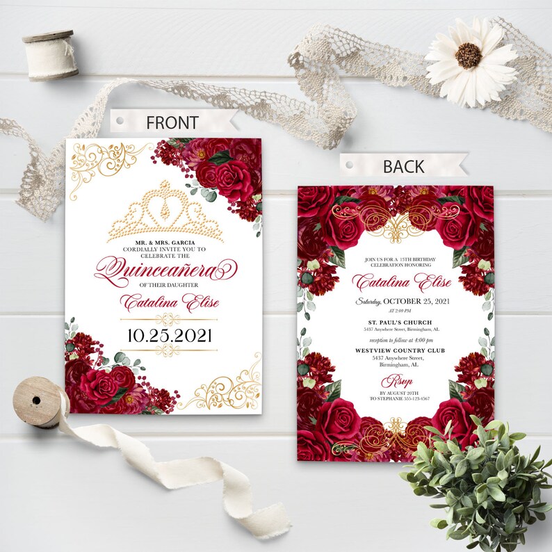May include: A Quincea&ntilde;era invitation with a red and gold floral design. The invitation features a crown, the text "Quincea&ntilde;era", and the date "10.25.2021". The back of the invitation includes the name "Catalina Elise" and details for the celebration.