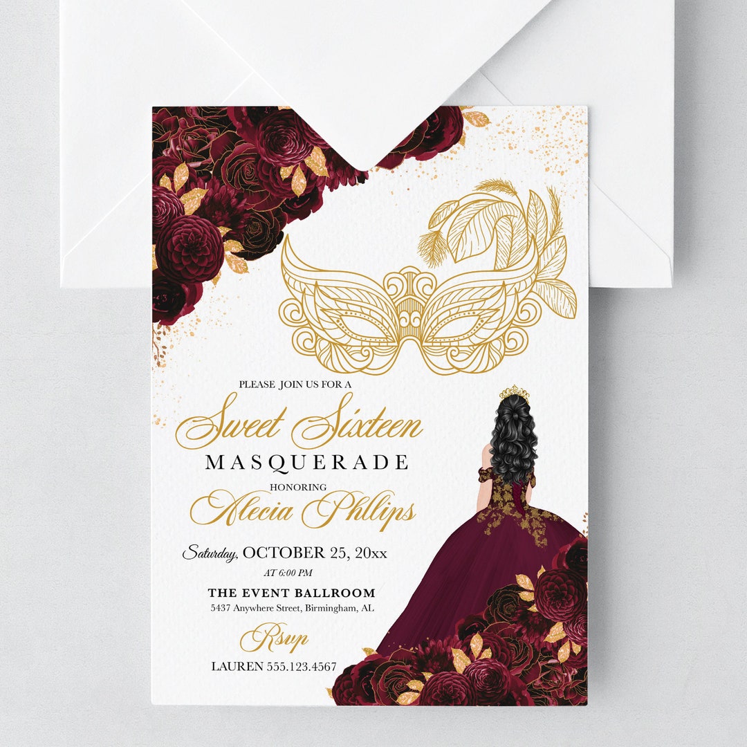 EDITABLE Invitation, Burgundy & Gold Floral Sweet Sixteen Masquerade
