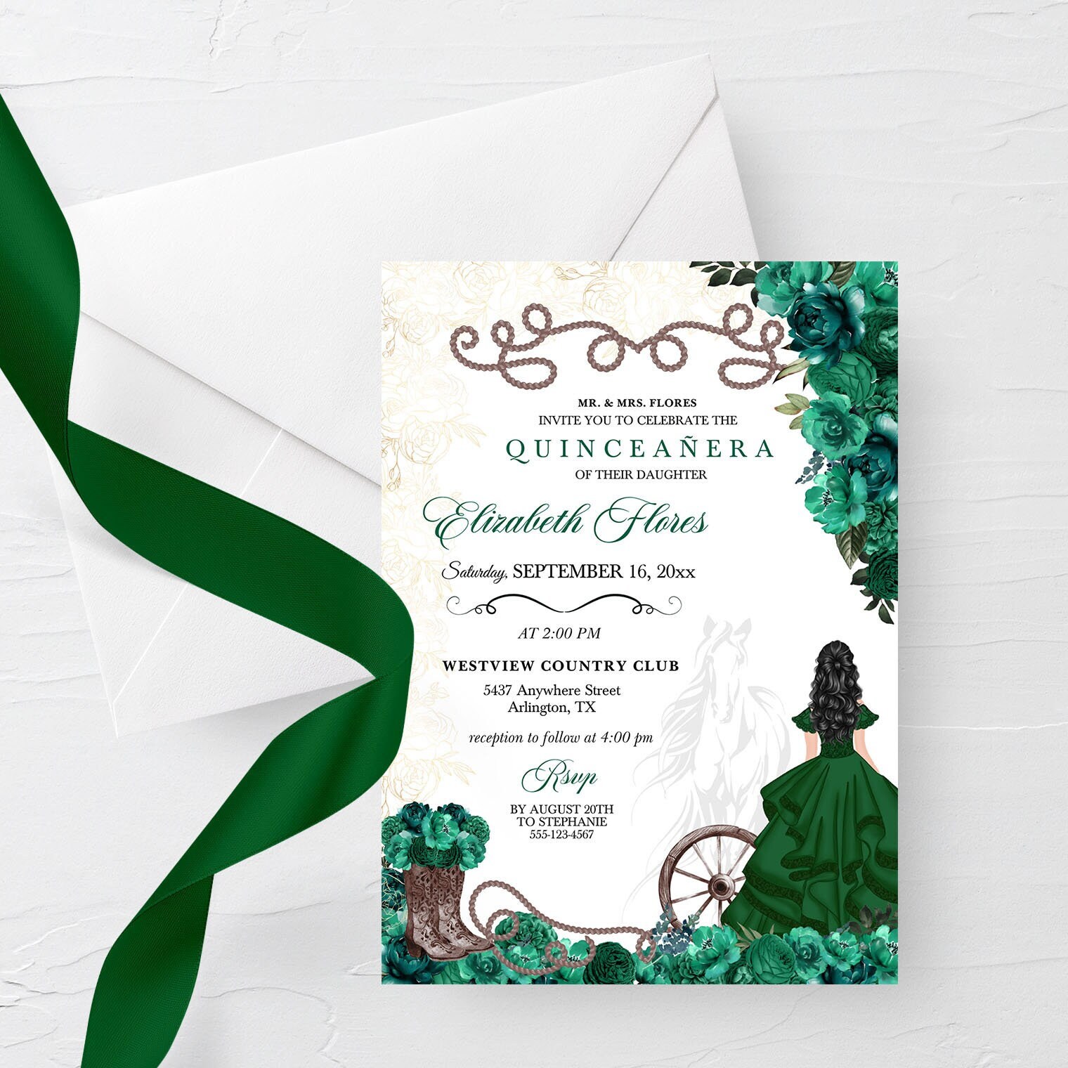 EDITABLE Invitation Emerald Green Western Charro Quinceanera