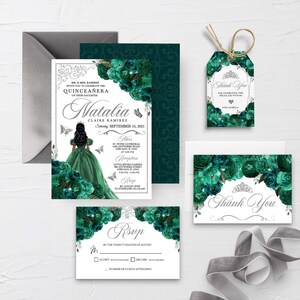 EDITABLE Invitation, Emerald Green & Silver Floral Quinceanera Invitation Bundle, Mis Quince Anos, Birthday, Printable, Template, Corjl