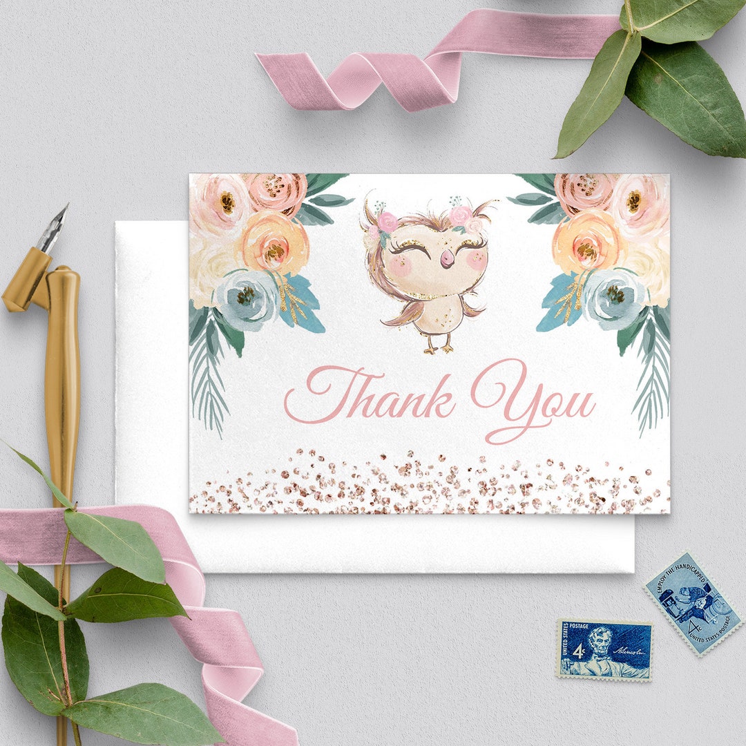 Owl Peach Floral Thank You Card, Birthday, Template, Editable, Cute Owl, Thank You Card Template ...