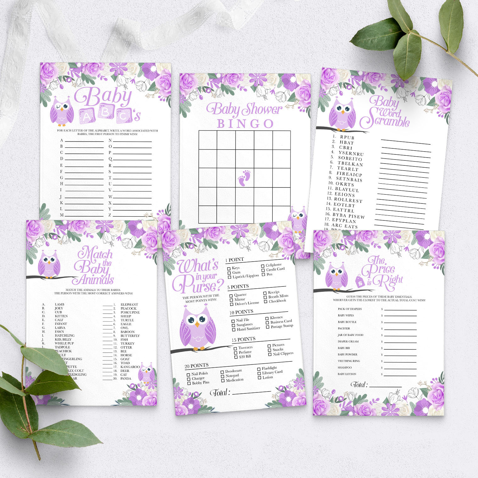 Purple Owl Baby Shower Game Bundle: 6 Printable Games (instant