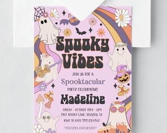 May include: A purple and orange invitation with a retro 70s design. It features ghosts, flowers, and the text "Spooky Vibes" and "Spooktacular". The invitation is for a party celebrating Madeline.