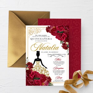 Red and Gold Floral Quinceanera Invitation Template (Editable)