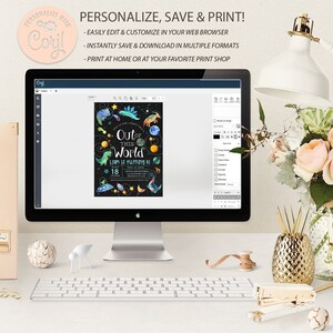 Peut inclure: Un &eacute;cran d'ordinateur affichant une invitation num&eacute;rique pour une f&ecirc;te d'anniversaire. L'invitation pr&eacute;sente un fond noir avec des illustrations color&eacute;es de dinosaures, de plan&egrave;tes et d'&eacute;toiles. Le texte de l'invitation est "Out of this World" et "Liam a 8 ans !"