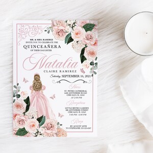EDITABLE Invitation, Elegant Blush Pink Floral Quinceanera Invitation, Birthday Invite, Mis Quince, Printable Invite, Template, Corjl