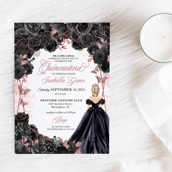 Elegant Black & Rose Gold Quinceanera Invitation (editable Template) - Etsy