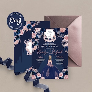 EDITABLE Invitation, Navy Blue & Blush Pink Floral Quinceanera Invitation, Birthday Invite, Mis Quince, Printable, Template, Corjl