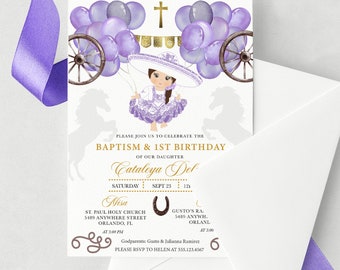 May include: Purple and gold baptism and first birthday invitation with a watercolor illustration of a girl in a purple dress and sombrero holding balloons. The text reads "Please join us to celebrate the Baptism & 1st Birthday of our daughter Cataleya Del Saturday Sept 23 121 Misa St. Paul Holy Church 5489 Anywhere Street Orlando, FL At 3:00 PM Gusto's RA. 5489 Anywh. Orlanl At 5:00 Godparents: Gusto & Julianna Ramirez Please RSVP to Helen at 555.123.4567"