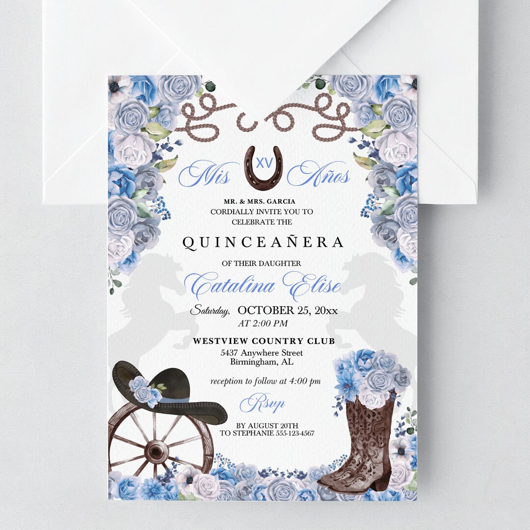EDITABLE Invitation, Blue Western Cowboy Boots Quinceanera Invitation ...