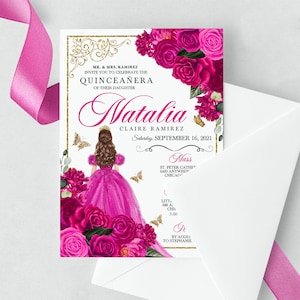 EDITABLE Invitation, Fuchsia Pink & Gold Floral Quinceanera Invitation, Birthday Invite, Mis Quince, Printable Invite, Template, Corjl