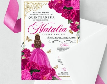 May include: A pink and gold Quinceañera invitation with a floral design and a drawing of a girl in a pink dress. The invitation reads "MR. & MRS. RAMIREZ INVITE YOU TO CELEBRATE THE QUINCEAÑERA OF THEIR DAUGHTER Natalia CLAIRE RAMIREZ Saturday, SEPTEMBER 16, 2021 Mass ST. PETER CATHF 6400 ANYWHEP CHICAGO LITTA 588 Al CHIA 3:00 BY AUGU TO STEPHANIE."