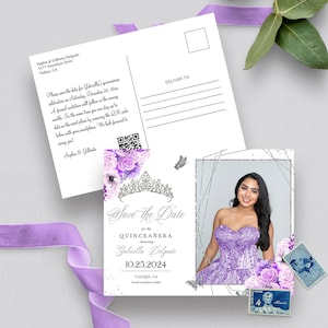EDITIERBARE Einladung, Lila & Silber Quinceanera Save The Date, Foto-Postkarte, Geburtstag, Mis Quince, Printable Invite, Vorlage, Corjl