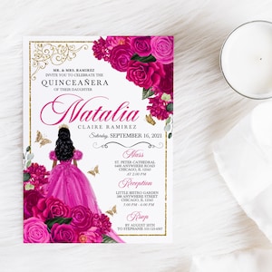 EDITABLE Invitation, Fuchsia Pink & Gold Floral Quinceanera Invitation, Birthday Invite, Mis Quince, Printable Invite, Template, Corjl