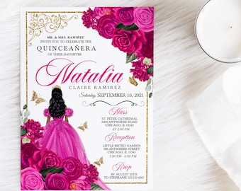May include: A Quinceañera invitation with a pink and gold floral design. The invitation features a young woman in a pink dress and a crown. The text on the invitation reads "Natalia Claire Ramirez, Saturday, September 16, 2021".