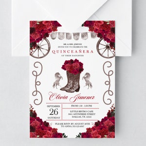 Western Quinceanera Invitation: Red Roses, Cowboy Boots (Editable Template)
