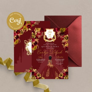 EDITABLE Invitation, Red & Gold Floral Quinceanera Invitation, Birthday Invite, Mis Quince, Printable, Template, Corjl