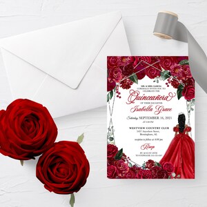 Red Floral Quinceanera Invitation: Elegant Silver Template (Editable, Printable)