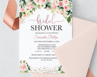 Peach Floral Bridal Shower Invitation: Editable Template (Corjl) Digital