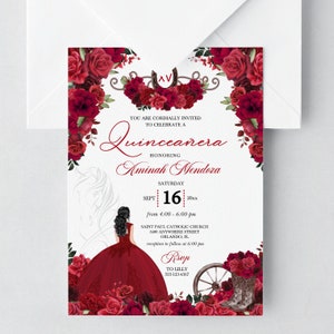 May include: A red and white Quinceañera invitation with a floral design, a horseshoe, and a silhouette of a woman in a red dress. The text reads "You are cordially invited to celebrate a Quinceañera honouring Aminah Mendoza Saturday Sept 16 20xx from 4:00-6:00 pm Saint Paul Catholic Church 5489 Anywhere Street Orlando, FL reception to follow at 6:00 pm Rsep to Lilly 555-123-4567"