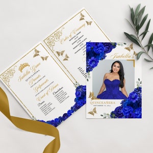 EDITABLE Program Template, Elegant Royal Blue & Gold Floral Quinceanera Program, Mis Quince, 5x7 Bi-Fold Program, Template, Corjl