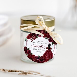 Burgundy Floral Quinceanera Favor Tag: Elegant Printable Label (Editable Template)