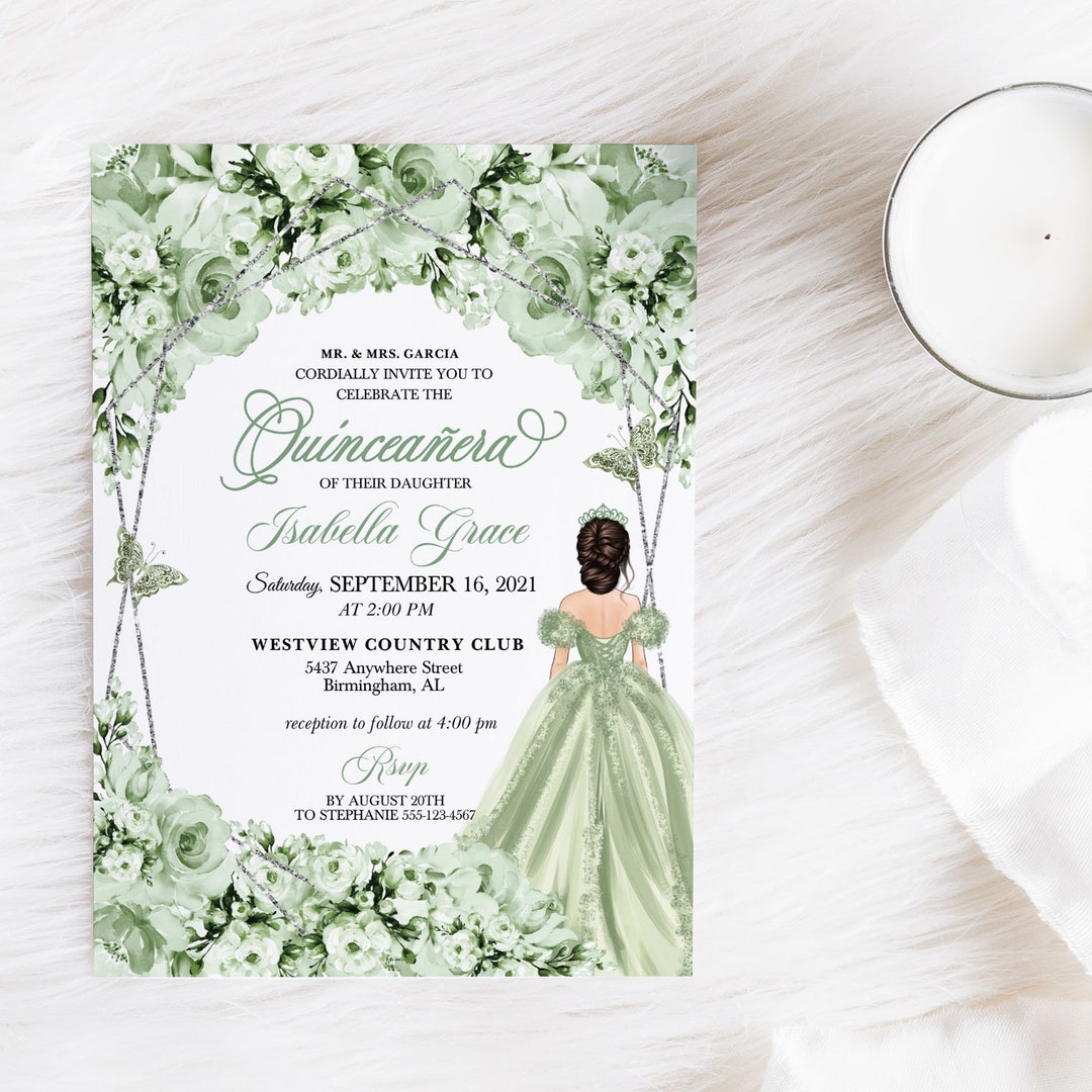 EDITABLE Invitation, Elegant Sage Green Floral Quinceanera Invitation