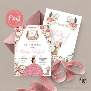 Pink Floral Western Mariachi Charro Cowgirl Quinceanera Invitation, Fiesta, Birthday, Mis Quince, Printable, Template, Corjl