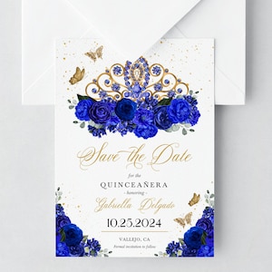 Royal Blue Floral Quinceanera Save The Date Invitation (Editable Template)