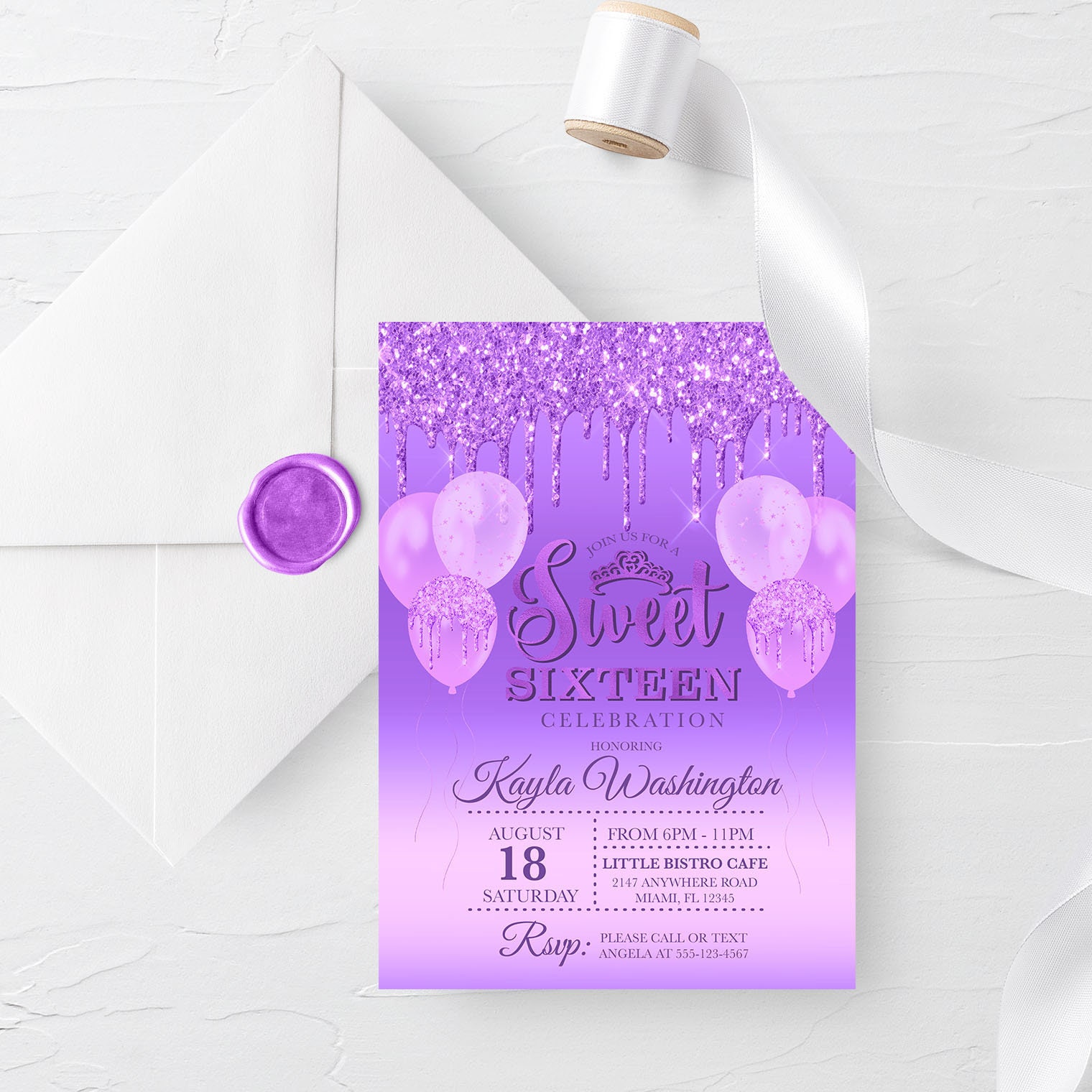 EDITABLE Invitation Purple Glitter Drip Sweet Sixteen - Etsy
