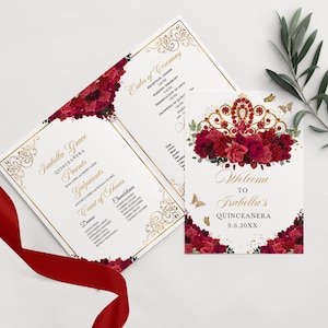 EDITABLE Program Template, Red & Gold Tiara Princess Quinceanera Program, Mis Quince, 5x7 Bi-Fold Program, Template, Corjl