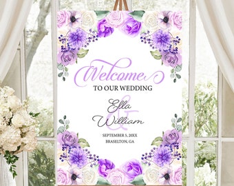 EDITABLE Template, Purple Spring Floral Wedding Welcome Sign, Printable Wedding Template, Watercolor, Wedding Sign, Printable,  Corjl