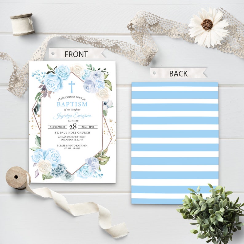 May include: Blue and white floral baptism invitation with a gold geometric frame. The invitation includes the text "Please join us for the Baptism of our daughter Jegerlyn Evergreen" and details for the event, including the date, time, and location.